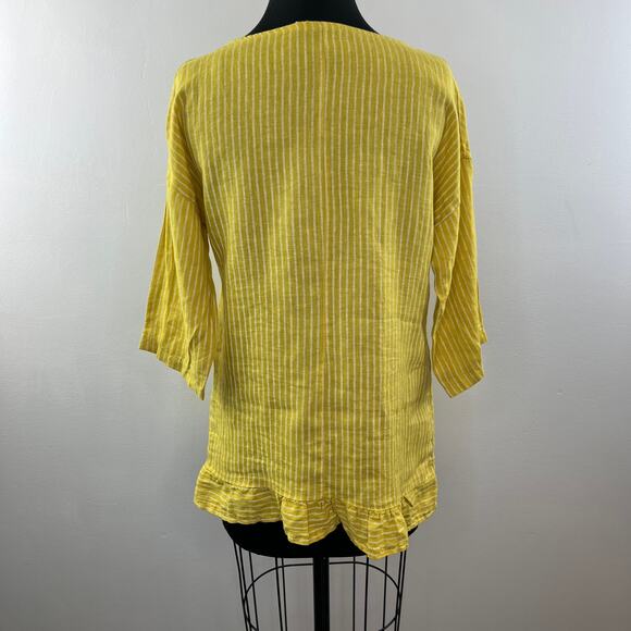 Lungo L'Arno Yellow White M Top Striped Round Neck 3/4 Sleeve Ruffle ITALY - Picture 6 of 9